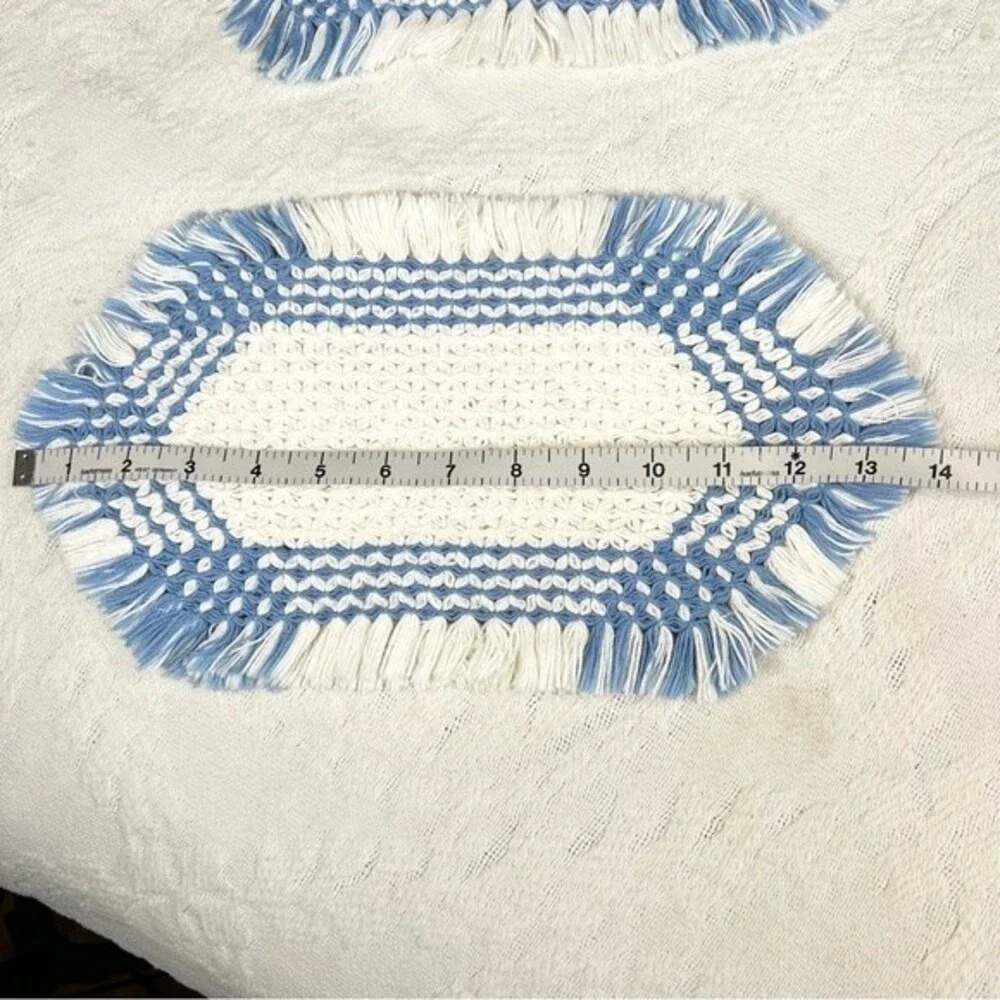 Vintage Woven Fringe Hot Pads Set of Three White and Blue Yarn Potholders Trivet